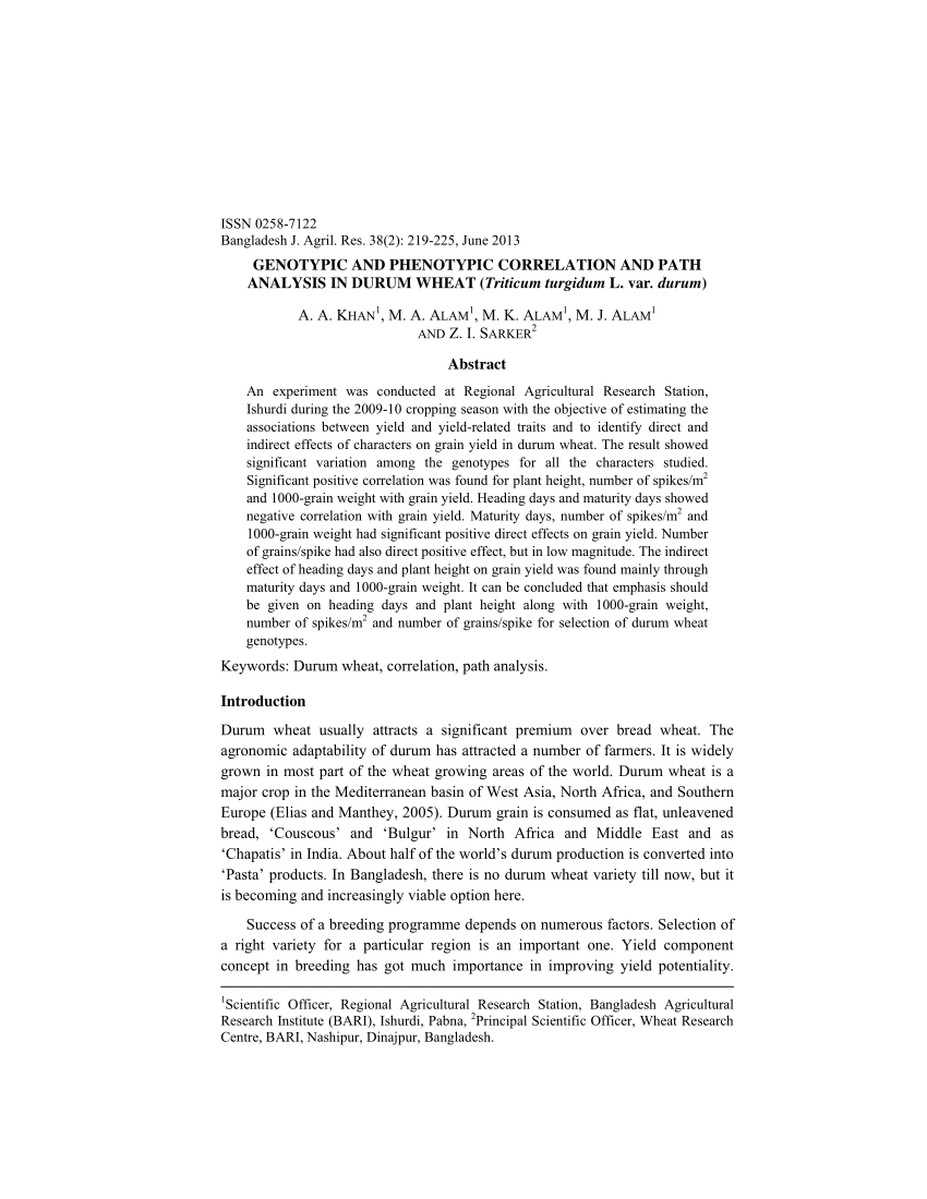 (PDF) Genotypic And Phenotypic Correlation And Path Analysis In Durum ...