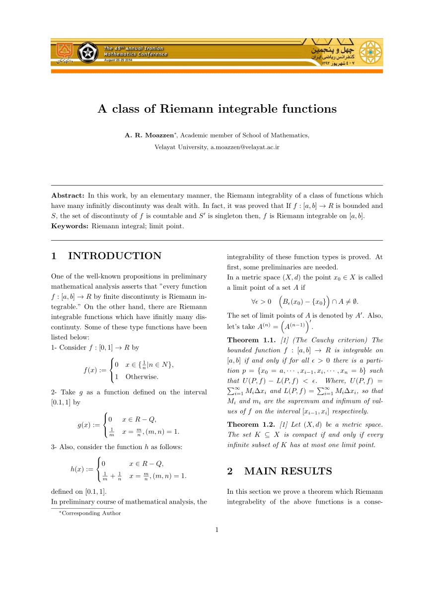 Pdf A Class Of Riemann Integrable Functions