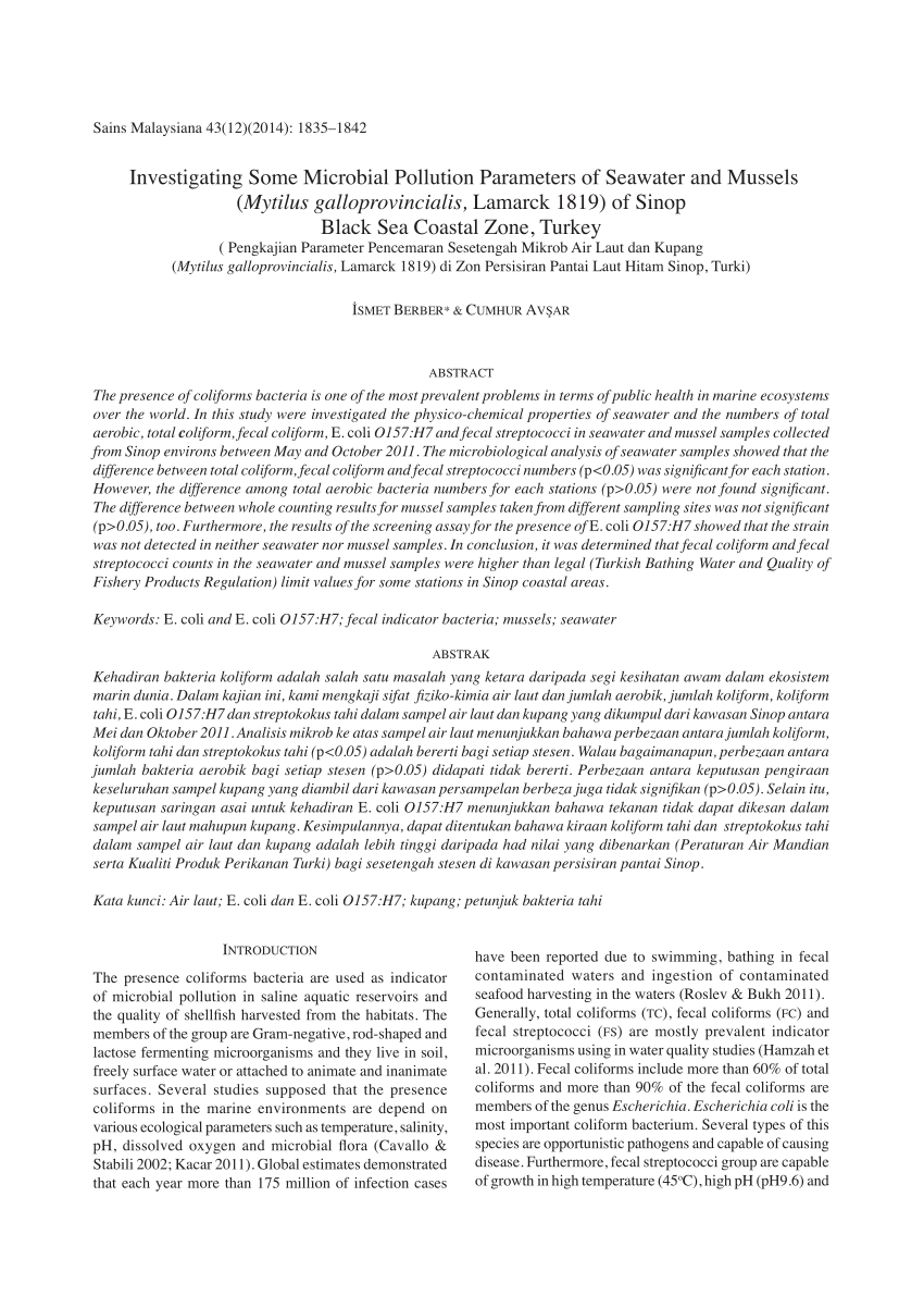 Pdf Investigating Some Microbial Pollution Parameters Of Seawater And Mussels Mytilus Galloprovincialis Lamarck 1819 Of Sinop Black Sea Coastal Zone Turkey