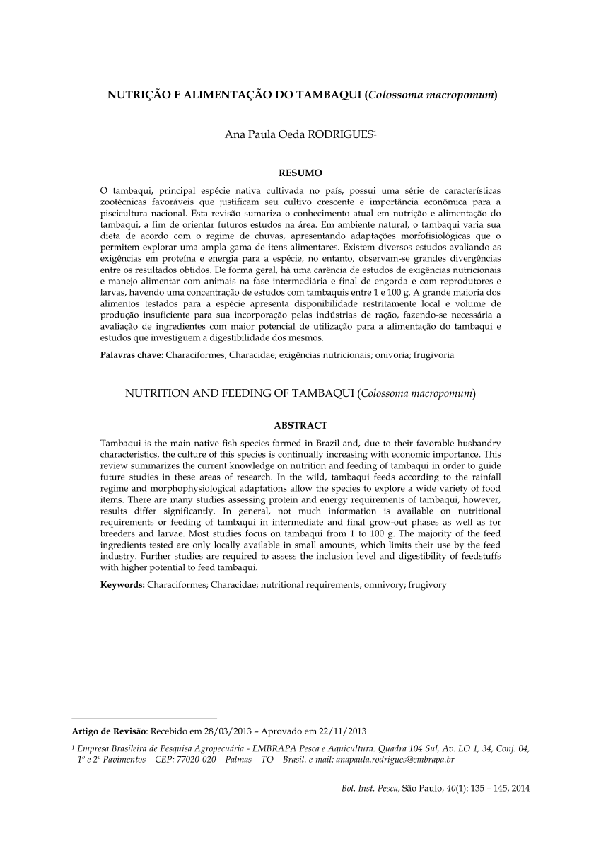 PDF) Nutrição e alimentação do tambaqui (Colossoma macropomum)
