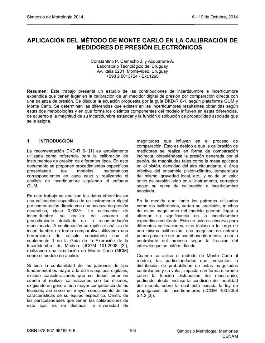 PDF) APLICACIÓN DEL MÉTODO DE MONTE CARLO EN LA CALIBRACIÓN DE MEDIDORES DE  PRESIÓN ELECTRÓNICOS