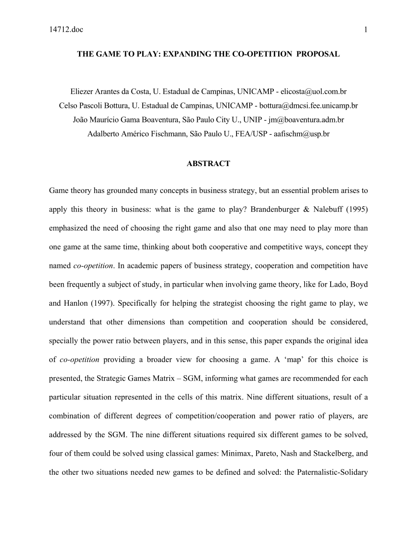 Pdf The Game To Play Expanding The Co Opetition Proposal