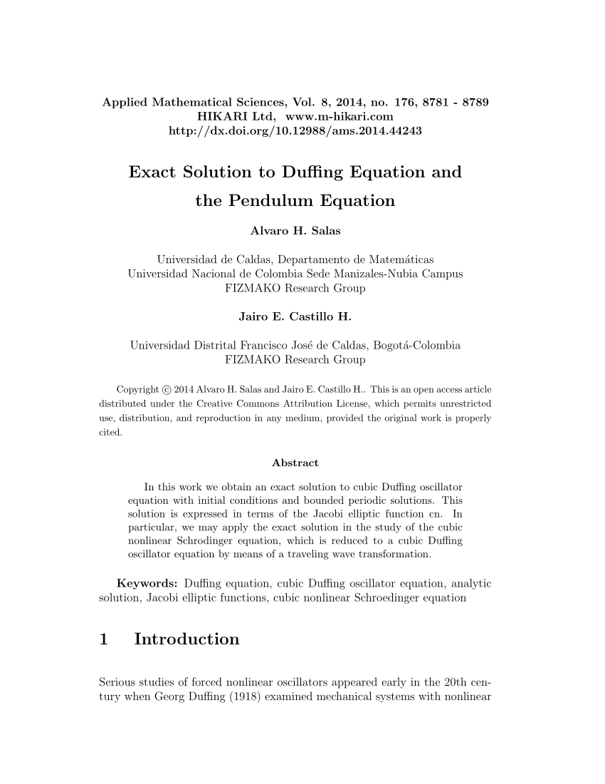 Pdf Exact Solution To Duffing Equation And The Pendulum Equation