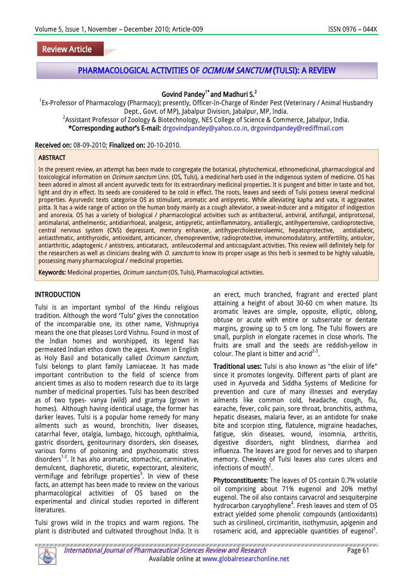 PDF Pharmacological activities of Ocimum sanctum Tulsi A review