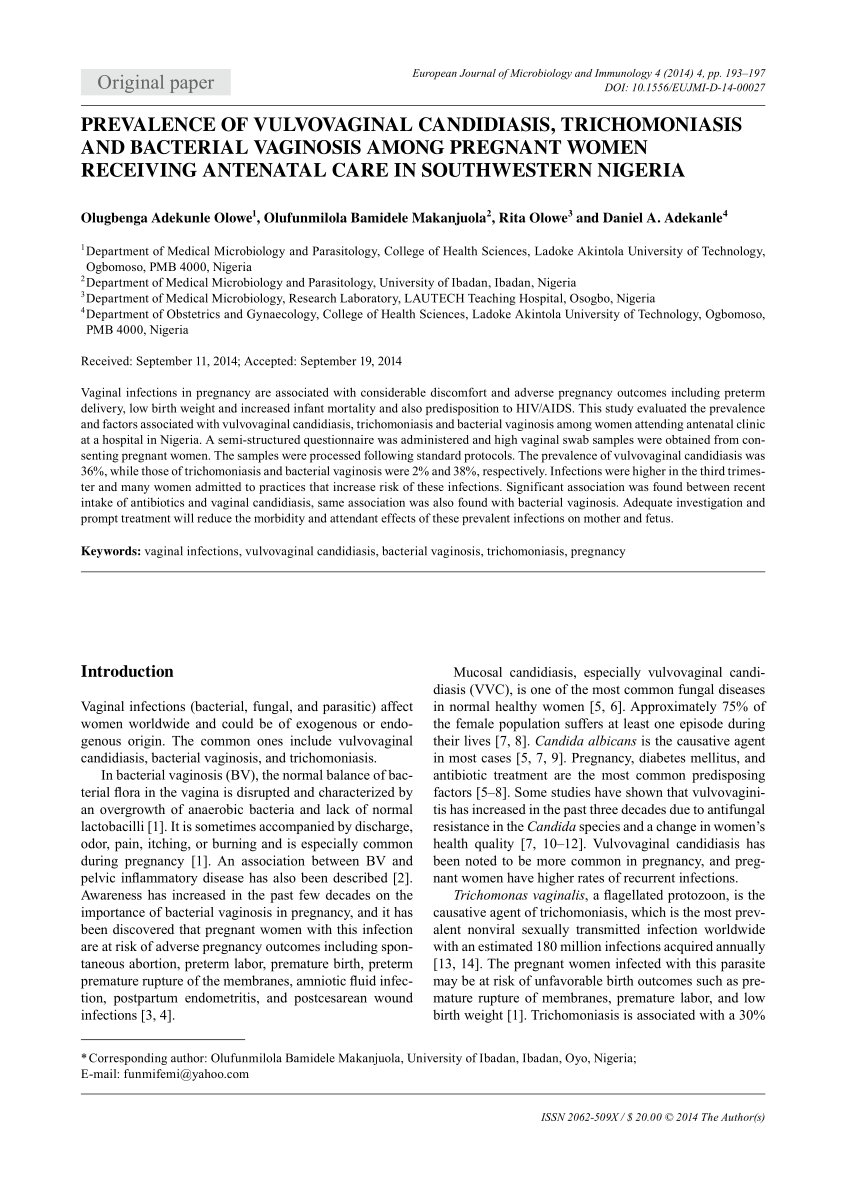 Pdf Prevalence Of Vulvovaginal Candidiasis Trichomoniasis And Bacterial Vaginosis Among 