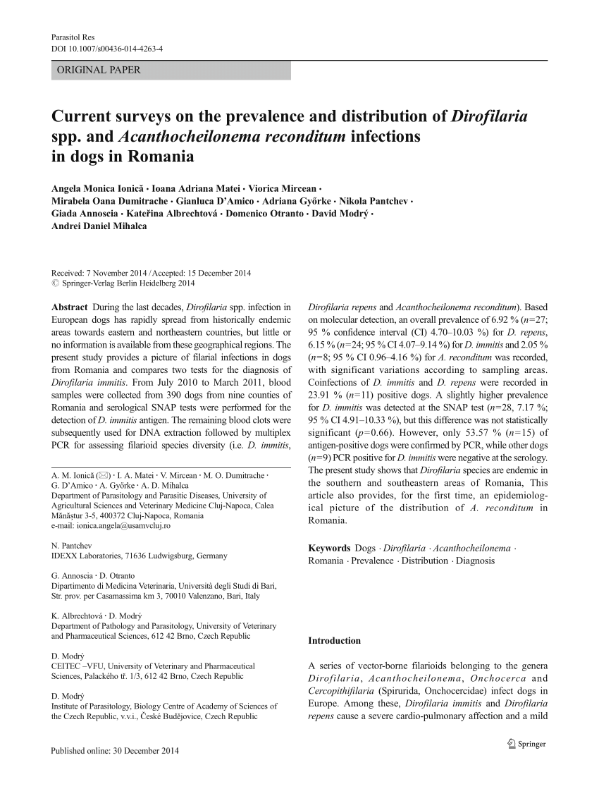 Pdf Current Surveys On The Prevalence And Distribution Of Dirofilaria Spp And Acanthocheilonema Reconditum Infections In Dogs In Romania
