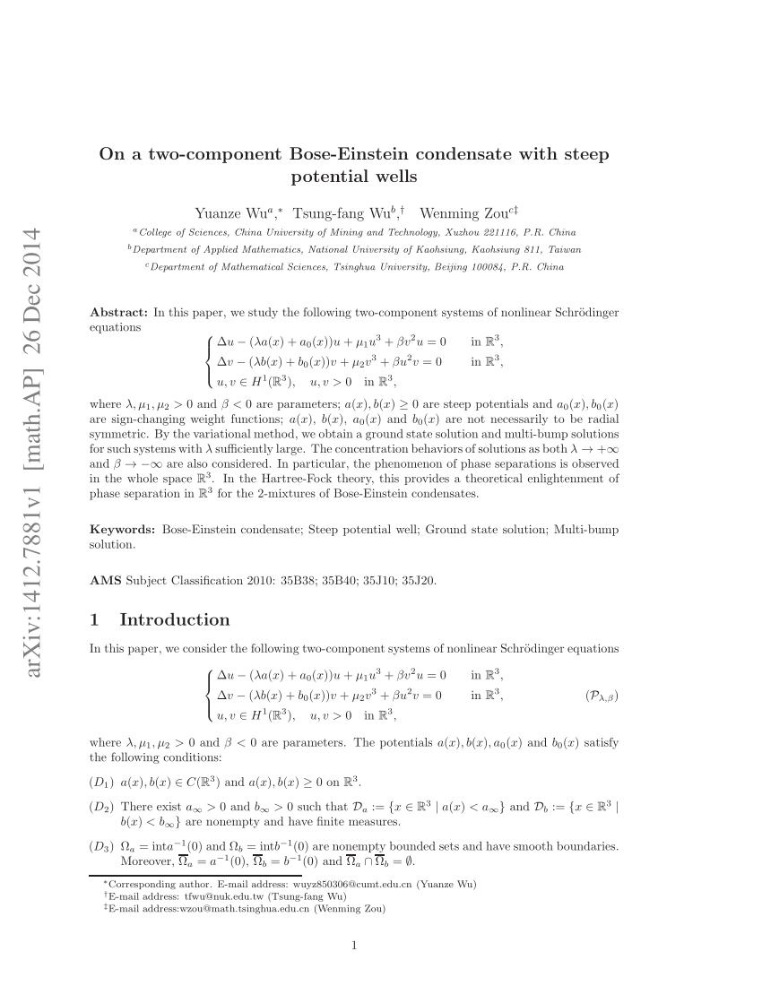 Pdf On A Two Component Bose Einstein Condensate With Steep Potential Wells