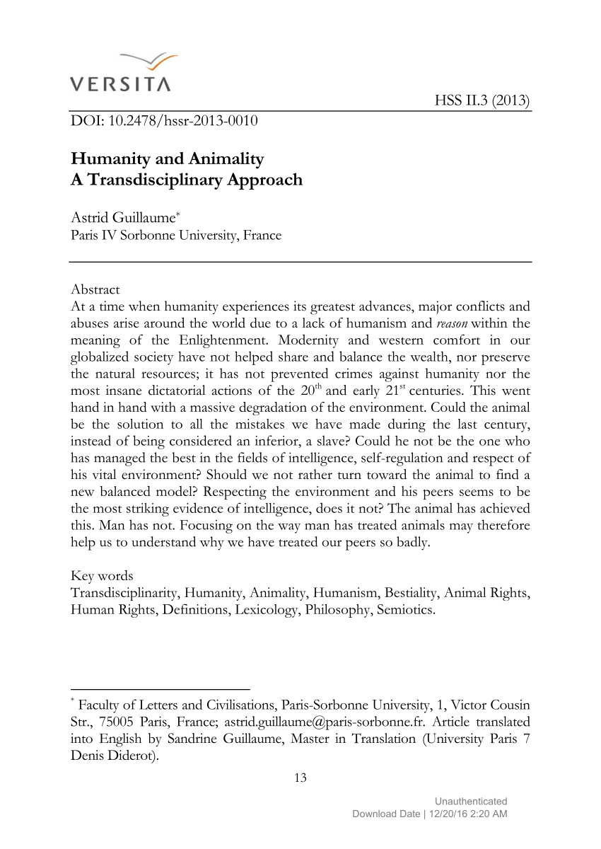 Pdf Humanity And Animality A Transdisciplinary Approach