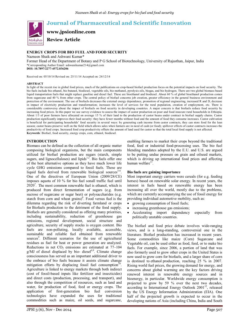 (PDF) Nazneen Shaik et al Energy crops for bio fuel and food security