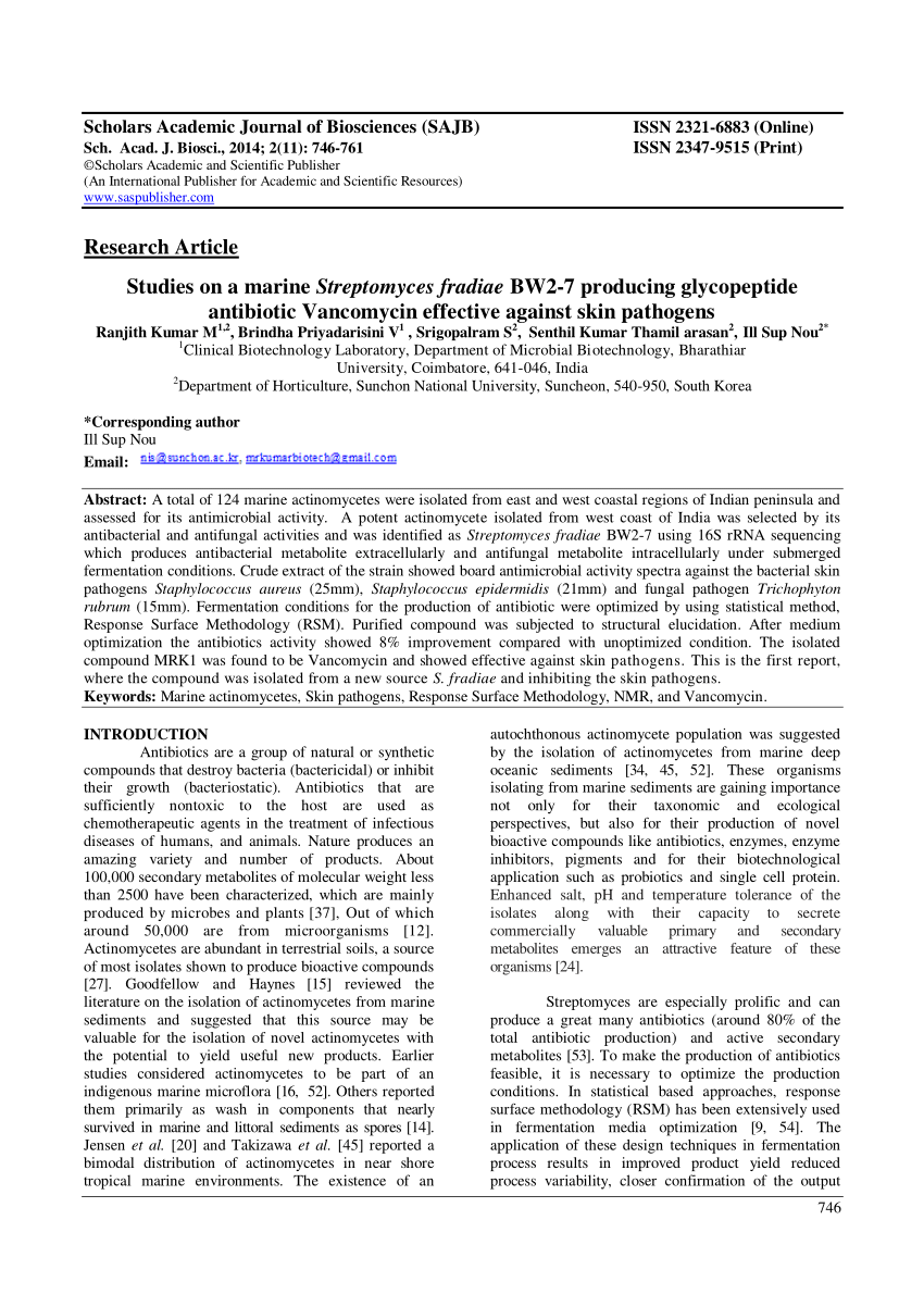 Pdf Studies On A Marine Streptomyces Fradiae Bw2 7 Producing Glycopeptide Antibiotic Vancomycin Effective Against Skin Pathogens