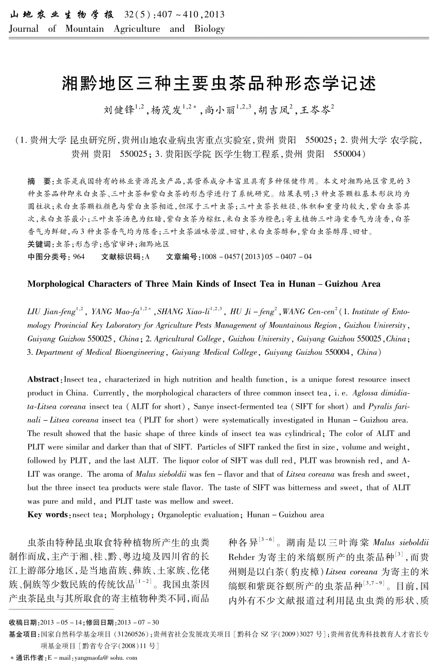 Pdf Description On The Morphological Characters Of Three Main Kinds Of Insect Tea In Hunan Guizhou Area