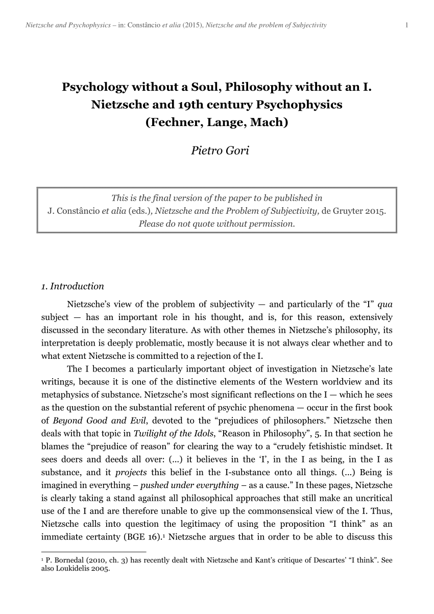 PDF) Psychology without a Soul, Philosophy without an I. Nietzsche and 19th  century Psychophysics (Fechner, Lange, Mach)