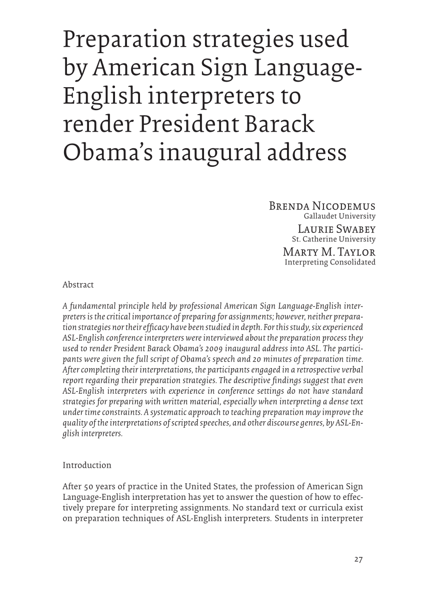 Pdf Preparation Strategies Used By American Sign Language English Interpreters To Render President Barack Obama S Inaugural Address
