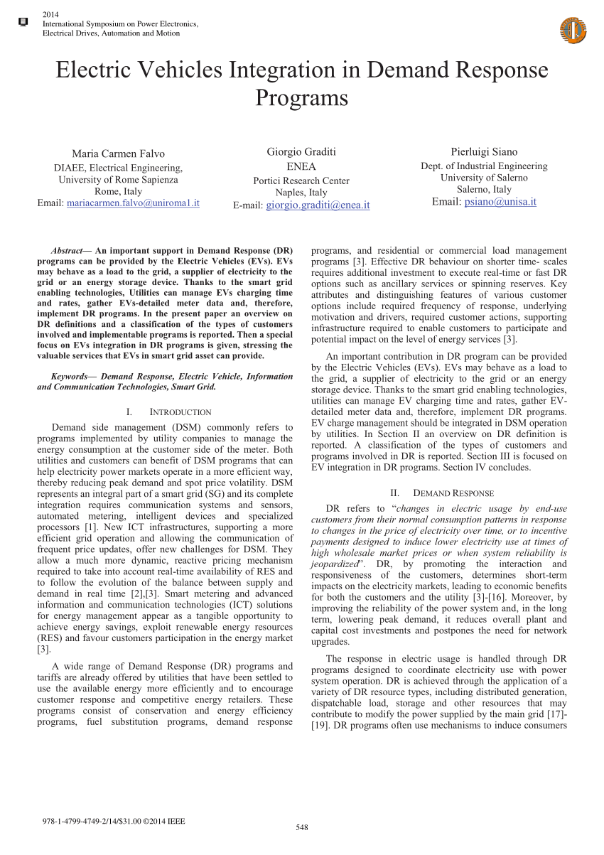 (PDF) Electric Vehicles integration in demand response programs