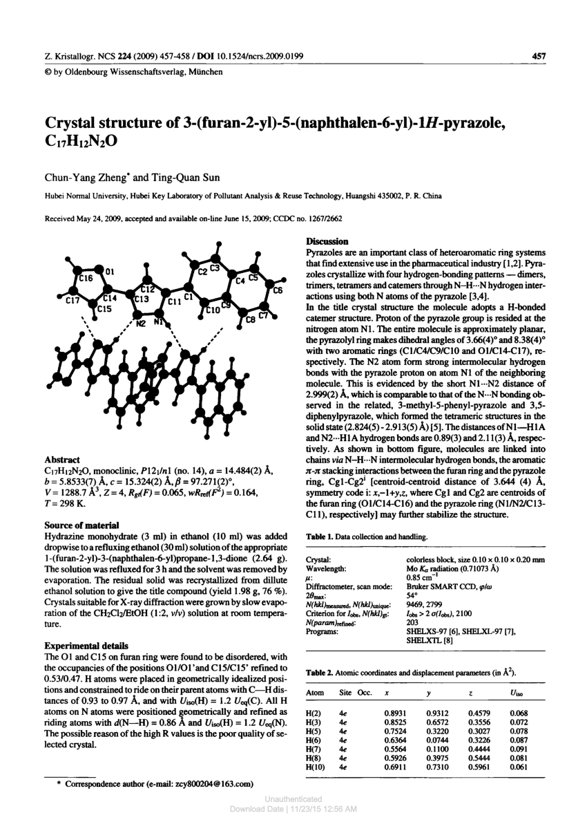 Pdf Crystal Structure Of 3 Furan 2 Yi 5 Naphthalen 6 Yl 1h Pyrazole C 17h12n2o