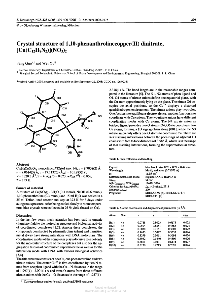 Pdf Crystal Structure Of 1 10 Phenanthrolinecopper Ii Dinitrate Cu C12h8n2 No3 2