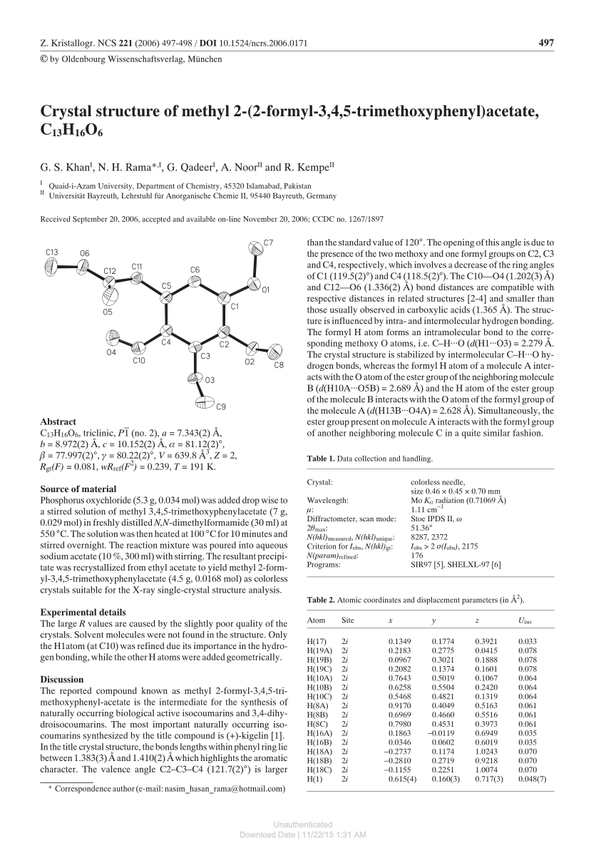 Pdf Crystal Structure Of Methyl 2 2 Formyl 3 4 5 Trimethoxyphenyl Acetate C13h16o6