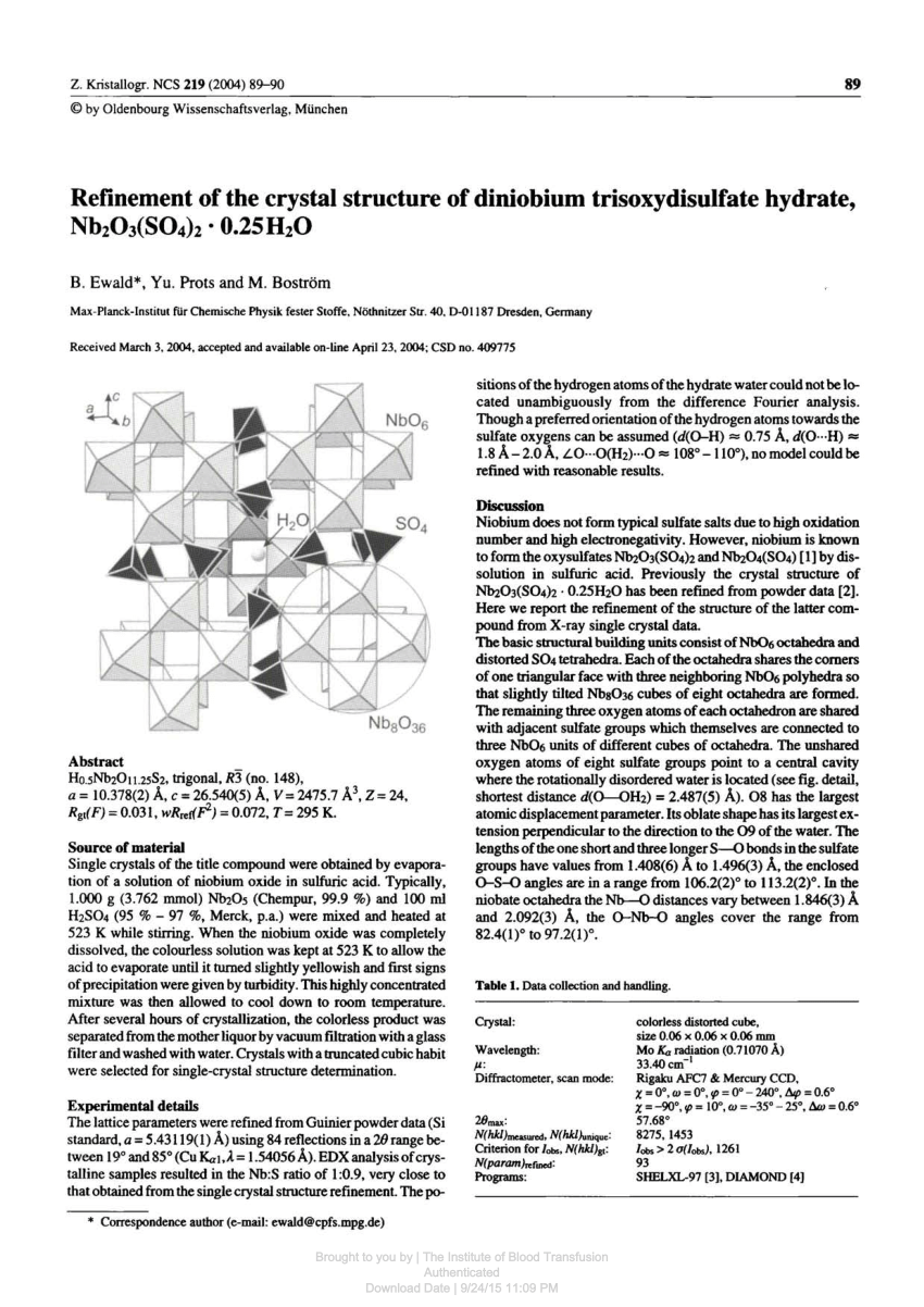 Pdf Refinement Of The Crystal Structure Of Diniobium Trisoxydisulfate Hydrate Nb2o3 So4 2 0 25 H2o