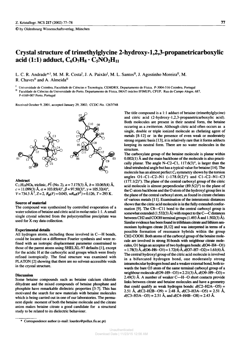 Pdf Crystal Structure Of Trimethylglycine 2 Hydroxy 1 2 3 Propanetricarboxylic Acid 1 1 Adduct C6o7h8 C5no2h11