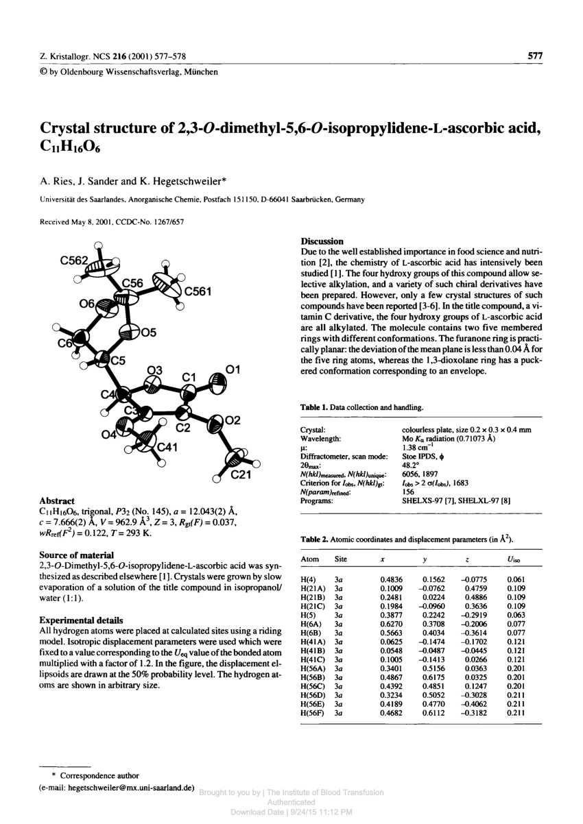Pdf Crystal Structure Of 2 3 O Dimethyl 5 6 O Isopropylidene L Ascorbic Acid C11h16o6