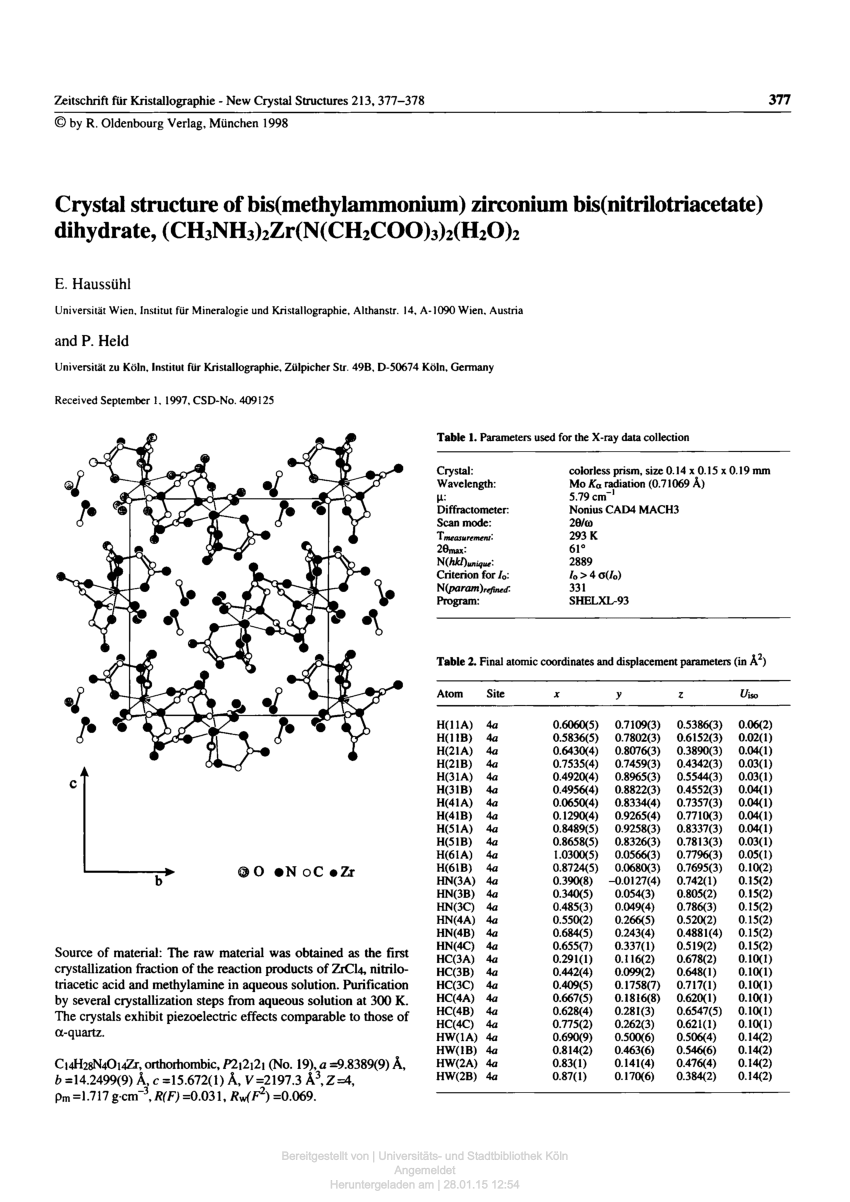 Pdf Crystal Structure Of Bis Methylammonium Zirconium Bis Nitrilotriacetate Dihydrate Ch3nh3 2zr N Ch2coo 3 2 H2o 2