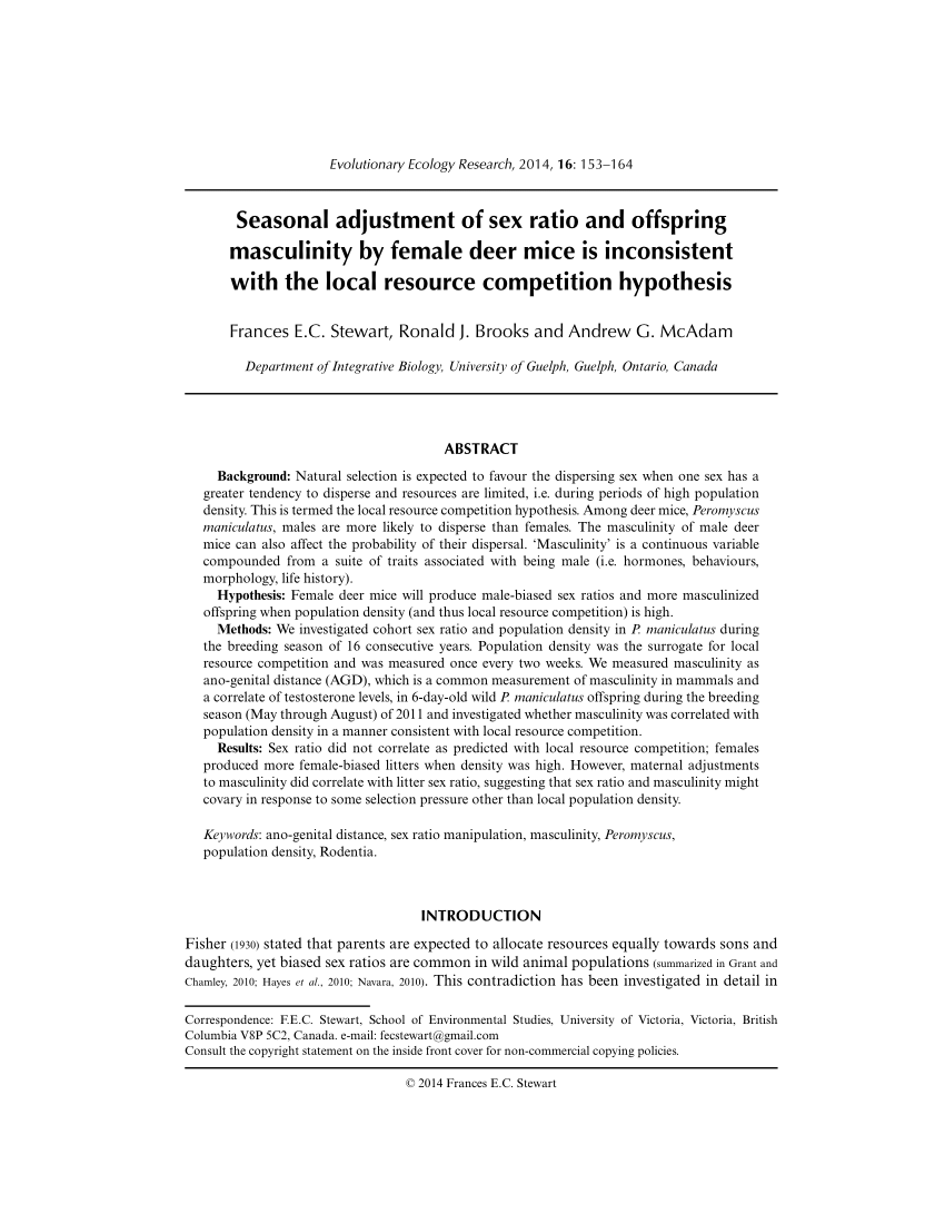 PDF) Seasonal adjustment of sex ratio and offspring masculinity by female  deer mice is inconsistent with the local resource competition hypothesis