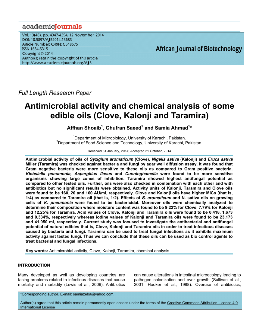 Pdf Antimicrobial Activity And Chemical Analysis Of Some Edible Oils Clove Kalonji And Taramira