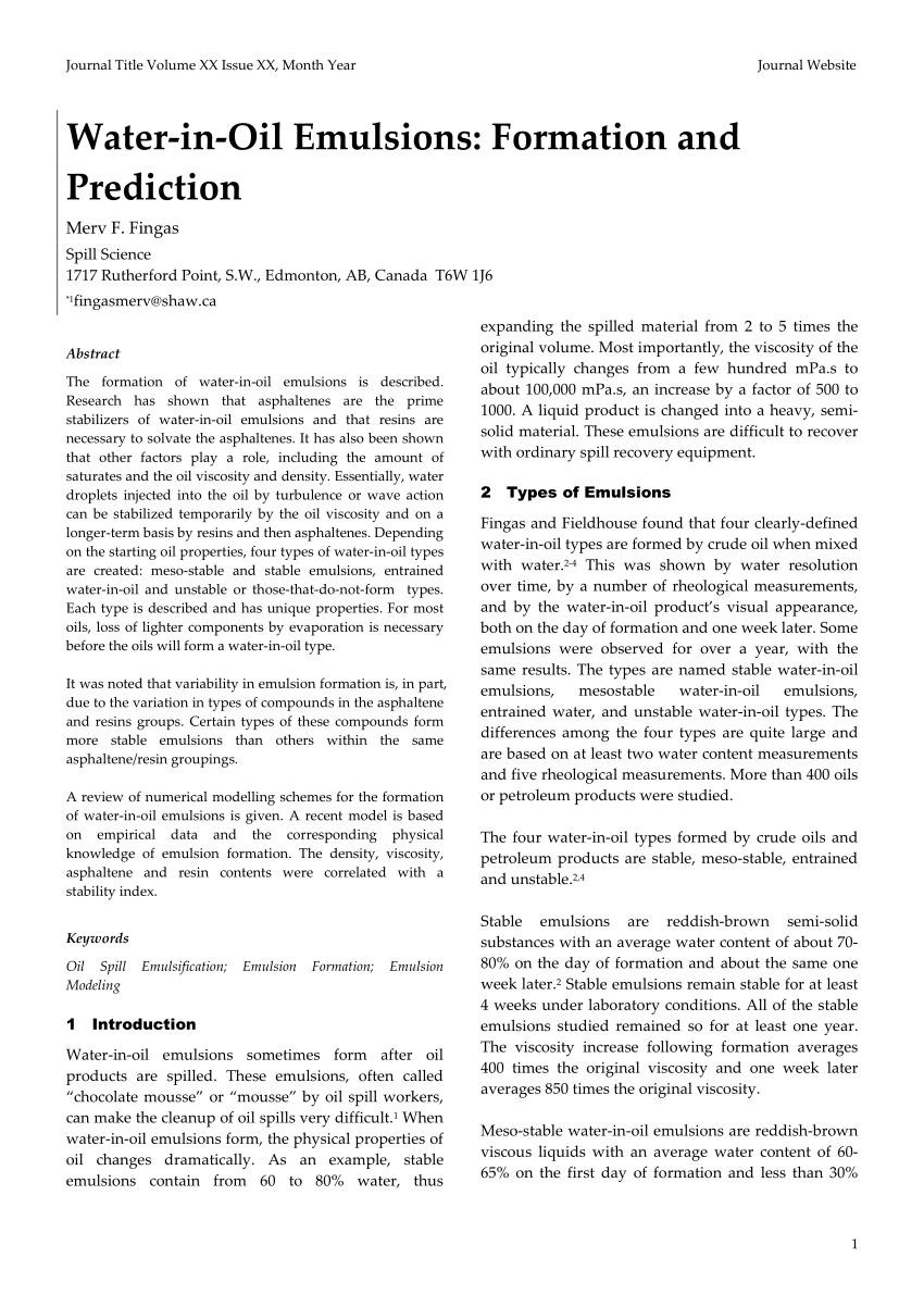 PDF Water In Oil Emulsions Formation And Prediction   Largepreview 