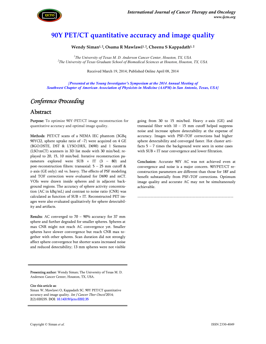 90Y PET/CT quantitative accuracy and image quality (PDF Download Available)