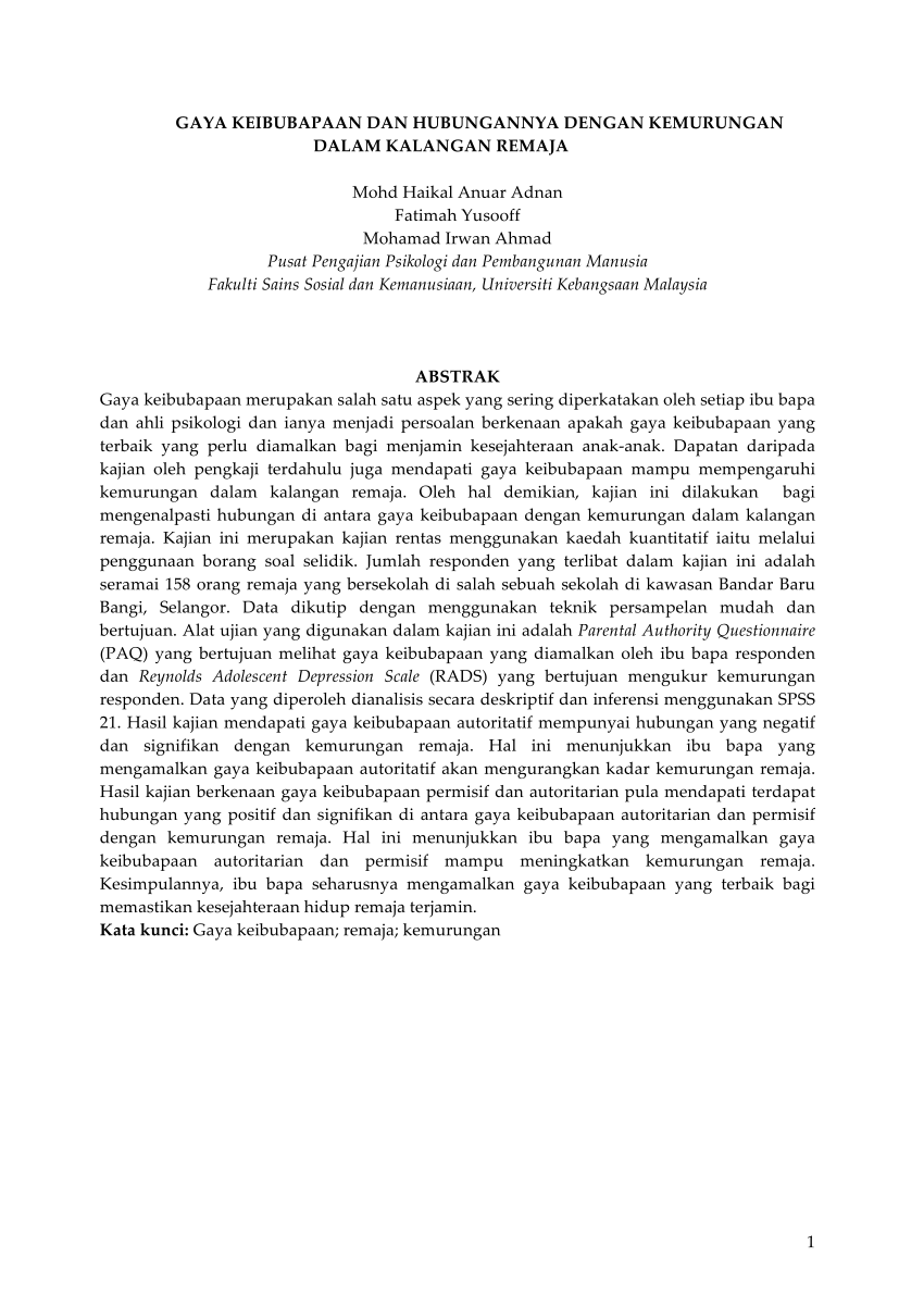 Pdf Gaya Keibubapaan Dan Hubungannya Dengan Kemurungan Dalam Kalangan Remaja