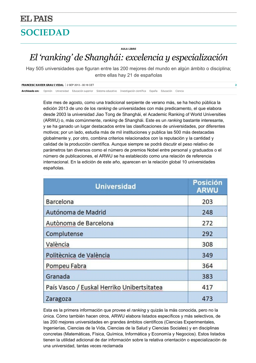 (PDF) El 'ranking' de Shanghái Excelencia y especialización