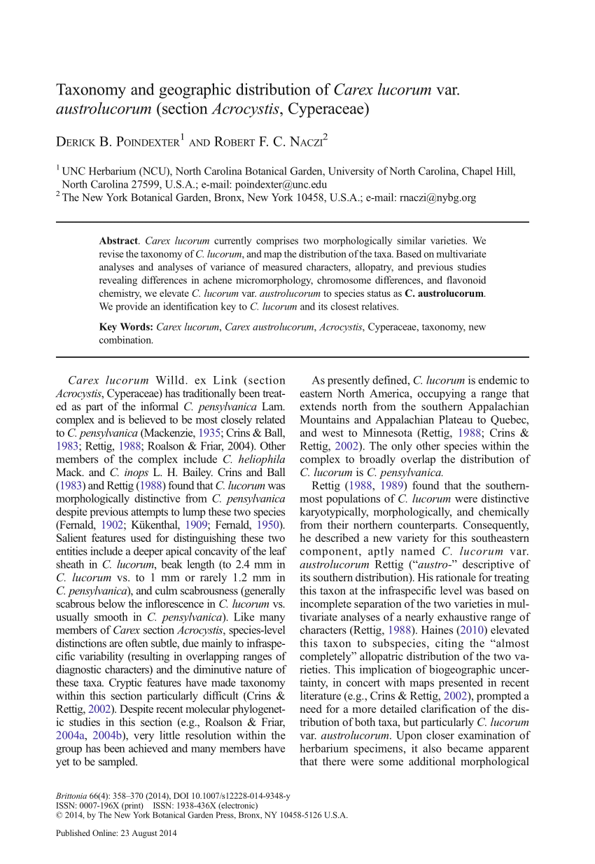 Pdf Taxonomy And Geographic Distribution Of Carex Lucorum Var