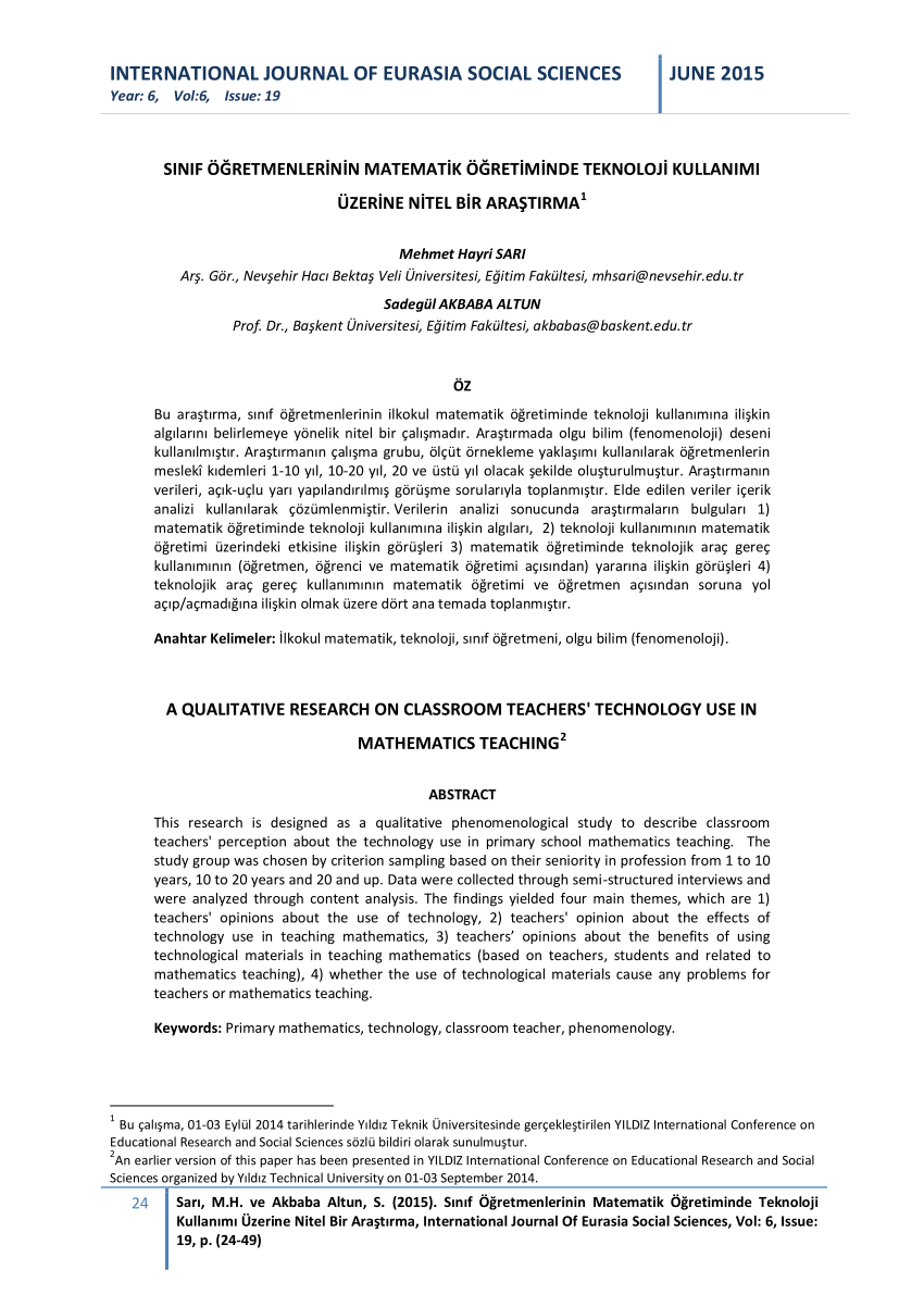 Pdf Sinif Ogretmenlerinin Matematik Ogretiminde Teknoloji