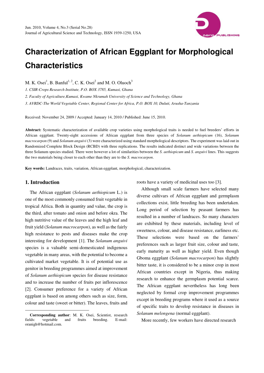 Journal of Plant Breeding and Crop Science - agromorphological  characterization of scarlet eggplant (solanum aethiopicum l.) grown in the  republic of benin