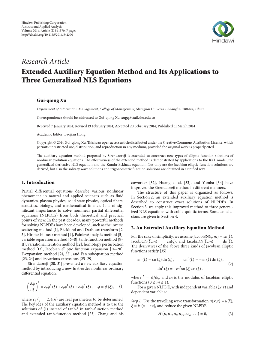 Pdf Extended Auxiliary Equation Method And Its Applications To Three Generalized Nls Equations