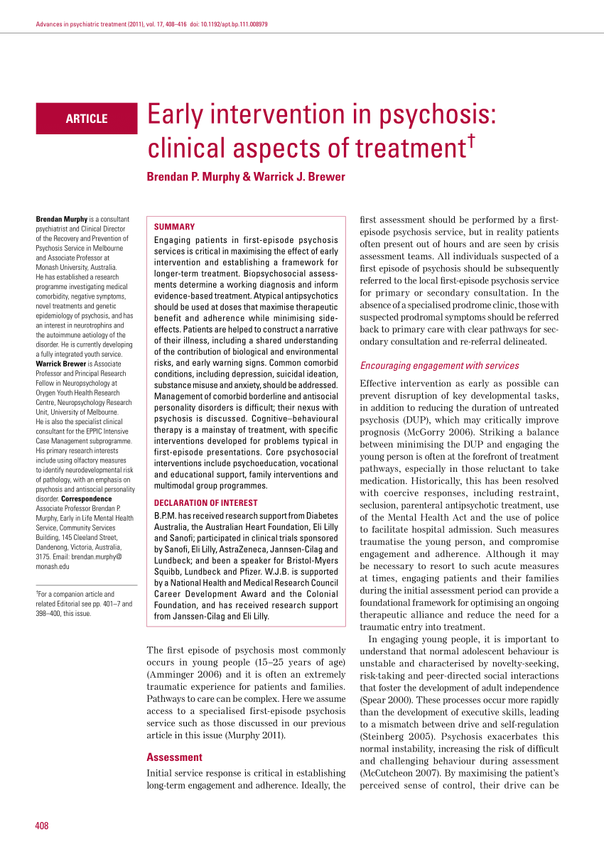 Pdf Early Intervention In Psychosis Clinical Aspects Of Treatment