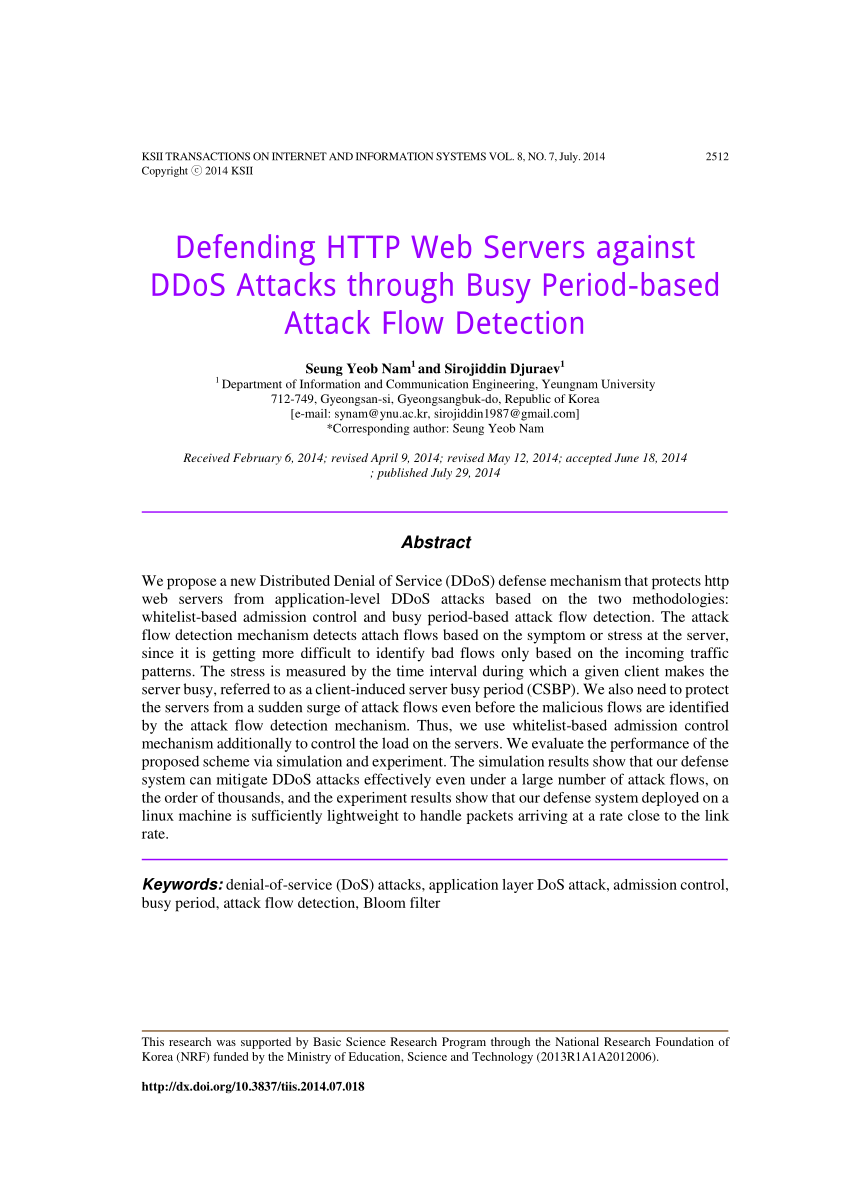 PDF) Defending HTTP Web Servers against DDoS Attacks through Busy ...