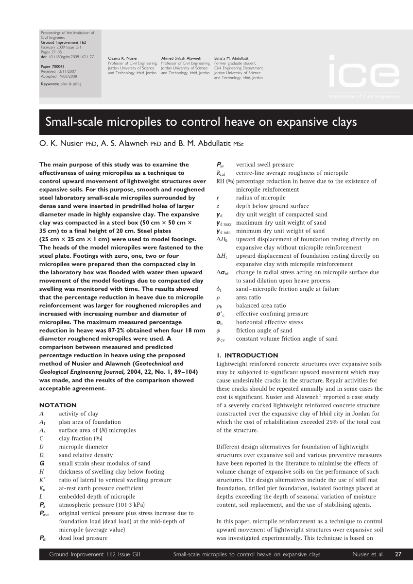 Pdf Small Scale Micropiles To Control Heave On Expansive Clays