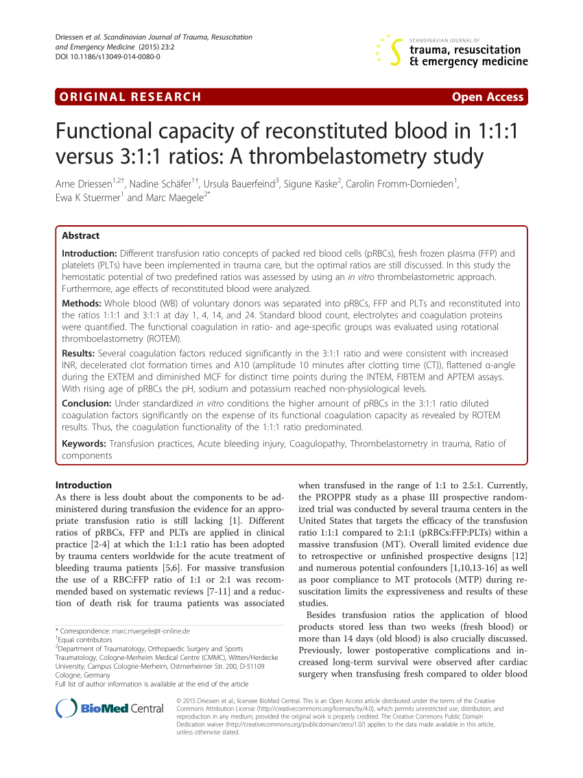 PDF) Functional capacity of reconstituted blood in 1:1:1 versus 3