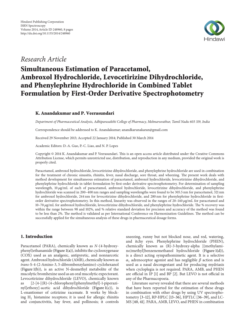 Pdf Simultaneous Estimation Of Paracetamol Ambroxol Hydrochloride Levocetirizine Dihydrochloride And Phenylephrine Hydrochloride In Combined Tablet Formulation By First Order Derivative Spectrophotometry