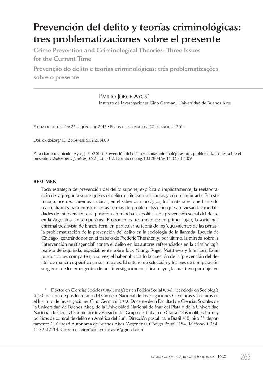 Pdf Prevencion Del Delito Y Teorias Criminologicas Tres Problematizaciones Sobre El Presente