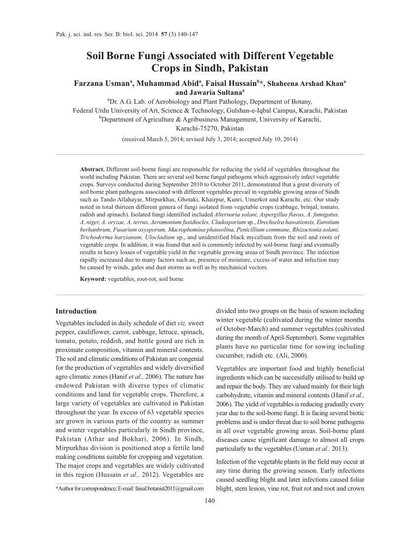 Pdf Soil Borne Fungi Associated With Different Vegetable Crops In Sindh Pakistan