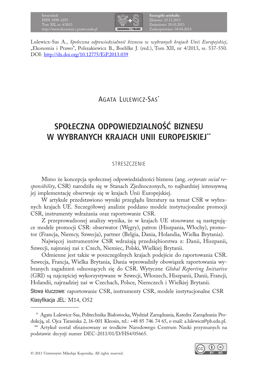 Pdf Spoleczna Odpowiedzialnosc Biznesu W Wybranych Krajach Unii Europejskiej