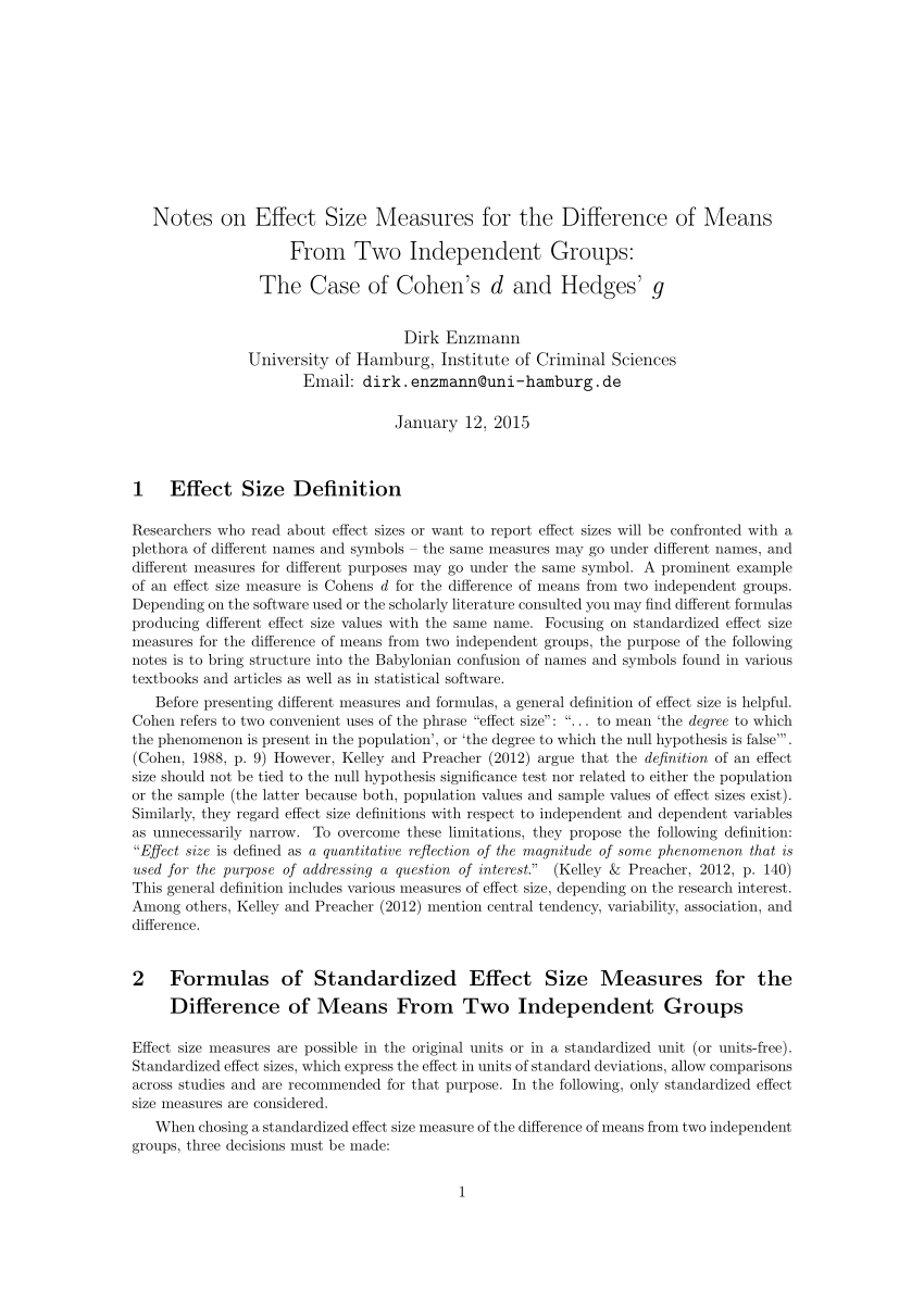 Notes on Effect Size Measures for the of Means From Two Independent Groups: The Case of d and Hedges' g
