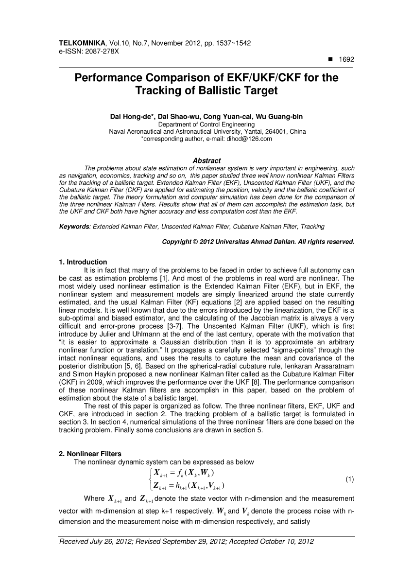 Pdf Performance Comparison Of Ekf Ukf Ckf For The Tracking Of Ballistic Target