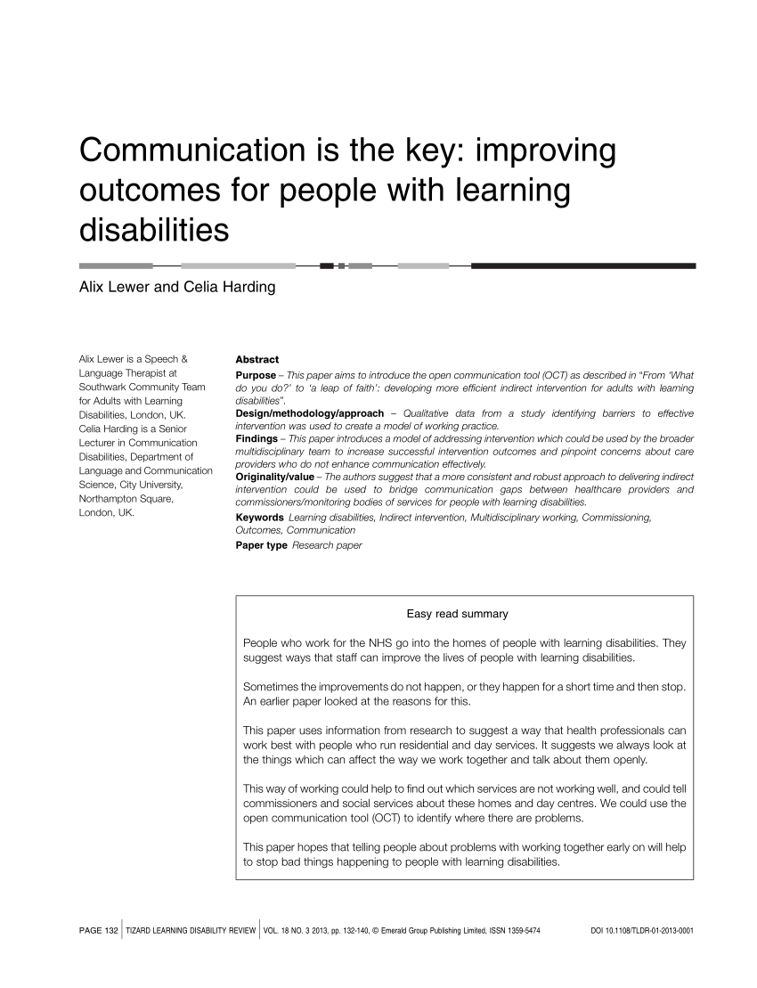 Pdf Communication Is The Key Improving Outcomes For People With Learning Disabilities 