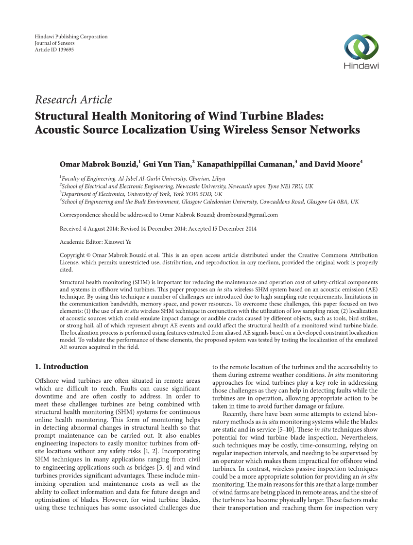 Pdf Structural Health Monitoring Of Wind Turbine Blades Acoustic Source Localization Using Wireless Sensor Networks