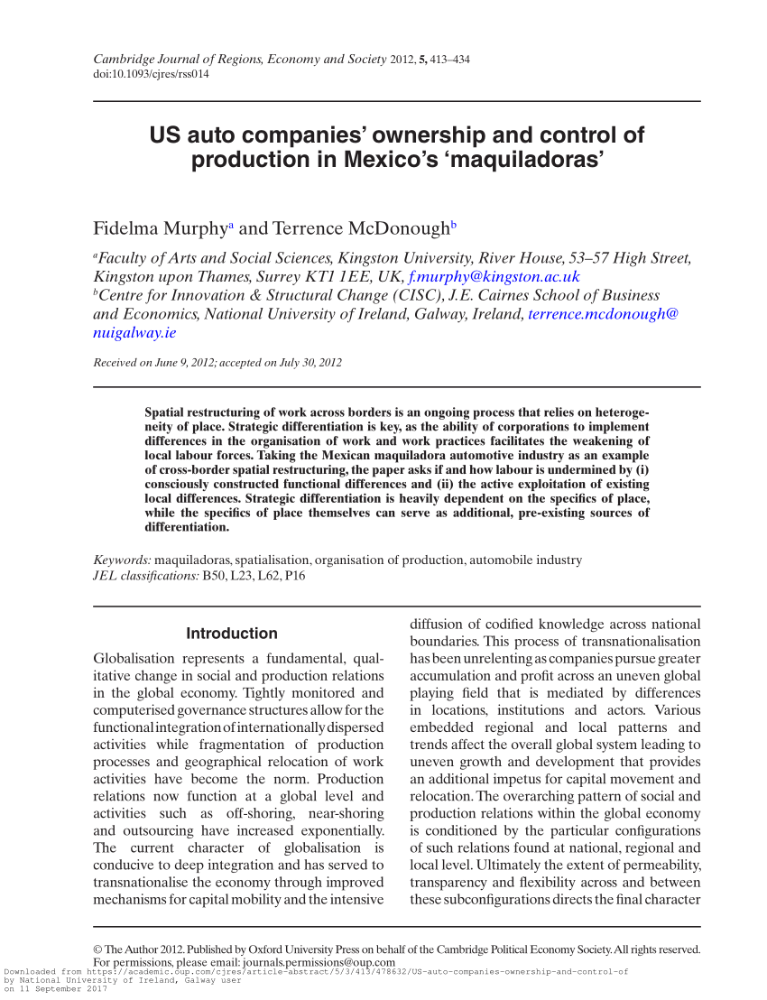 Pdf Us Auto Companies Ownership And Control Of Production In