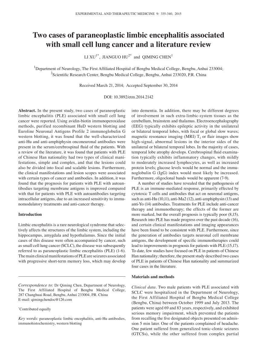 Pdf Two Cases Of Paraneoplastic Limbic Encephalitis Associated With Small Cell Lung Cancer And 8777