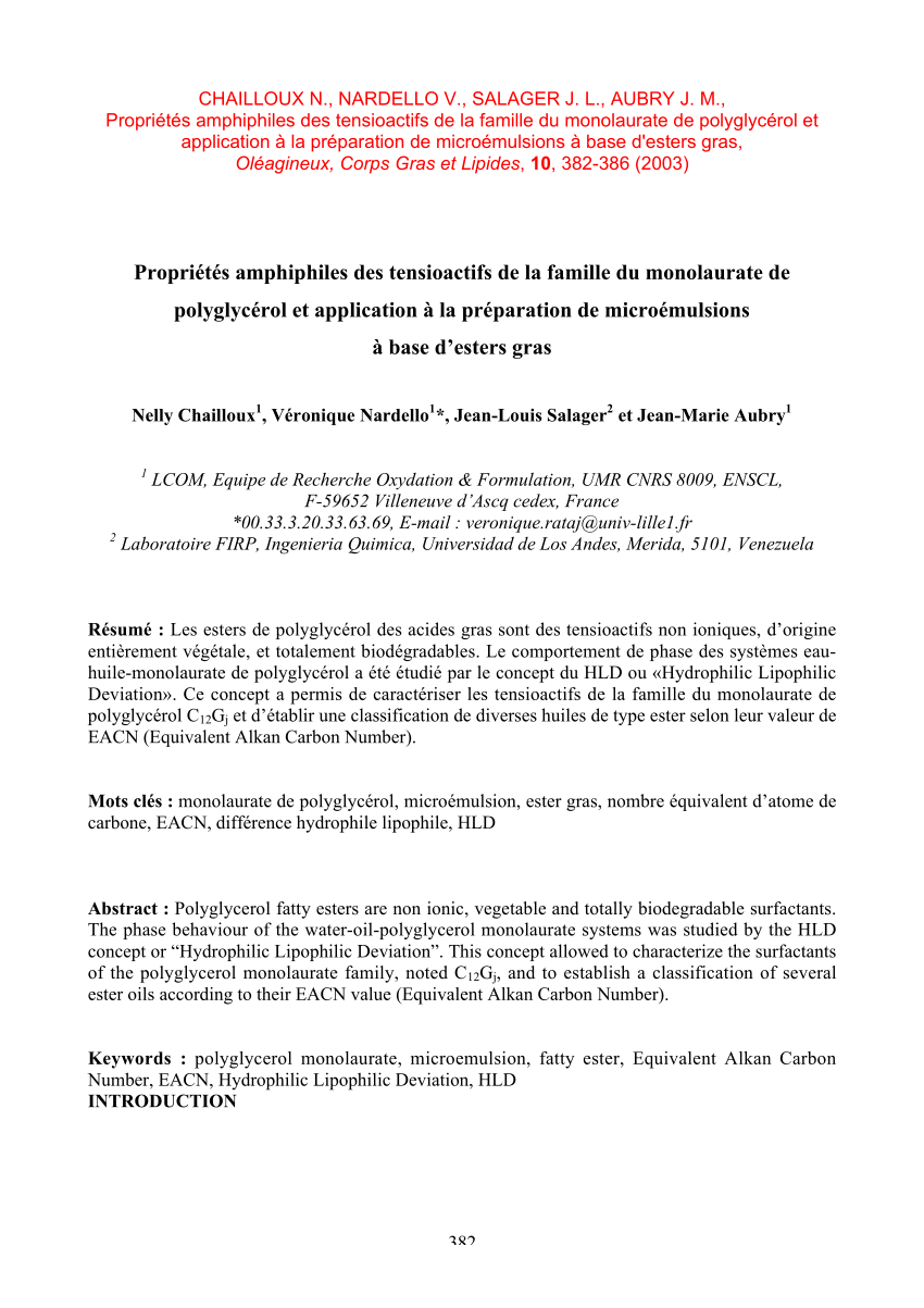 Pdf Proprietes Amphiphiles Des Monolaurates De Polyglycerol Application A La Preparation De Microemulsions A Base D Esters Gras